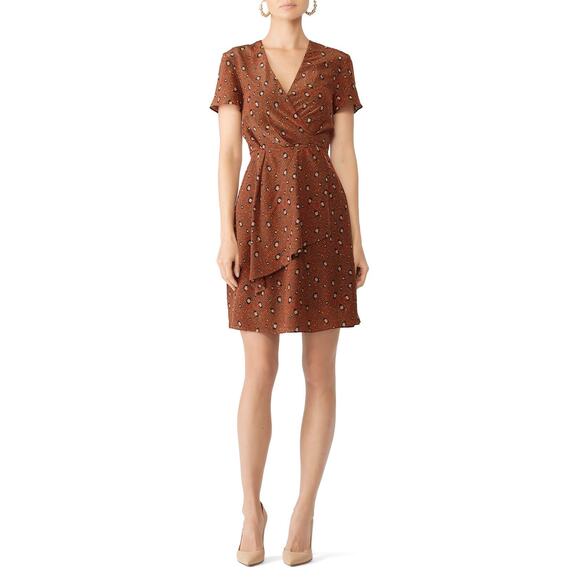 Slate + Willow Rust Brown Leopard Animal Print Silk Faux Wrap Mini Dress Size 6 - Picture 1 of 14